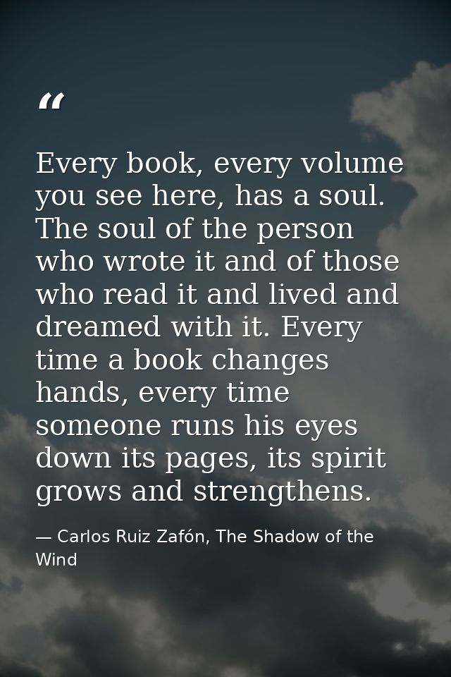Every book, every volume you see here, has a soul. The soul of the person who wrote it and of those who read it and live — Carlos Ruiz Zafón, The Shadow of the Wind