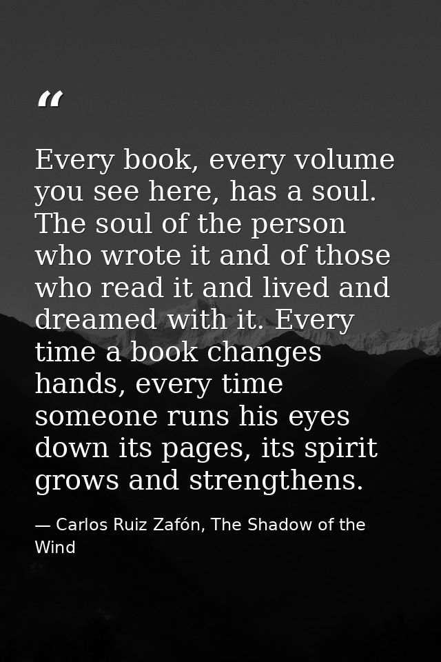 Every book, every volume you see here, has a soul. The soul of the person who wrote it and of those who read it and live — Carlos Ruiz Zafón, The Shadow of the Wind