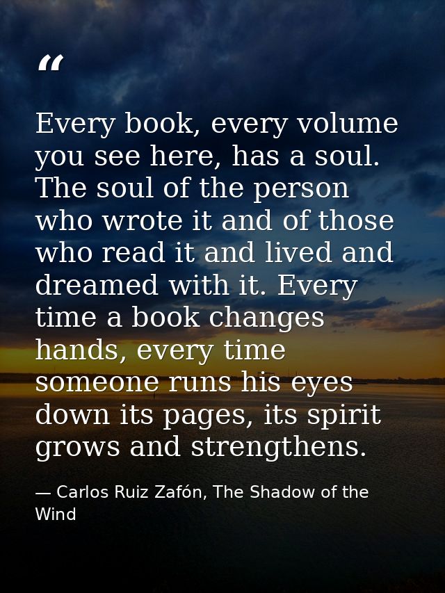 Every book, every volume you see here, has a soul. The soul of the person who wrote it and of those who read it and live — Carlos Ruiz Zafón, The Shadow of the Wind