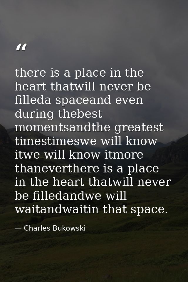 there is a place in the heart thatwill never be filleda spaceand even during thebest momentsandthe greatest timestimeswe — Charles Bukowski