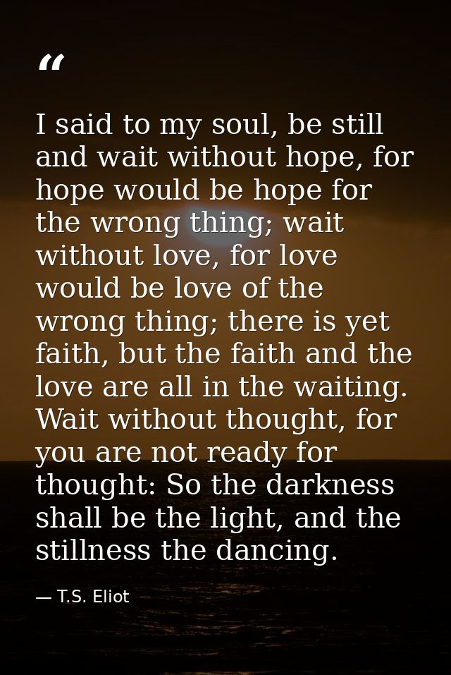 I said to my soul, be still and wait without hope, for hope would be hope for the wrong thing; wait without love, for lo — T.S. Eliot