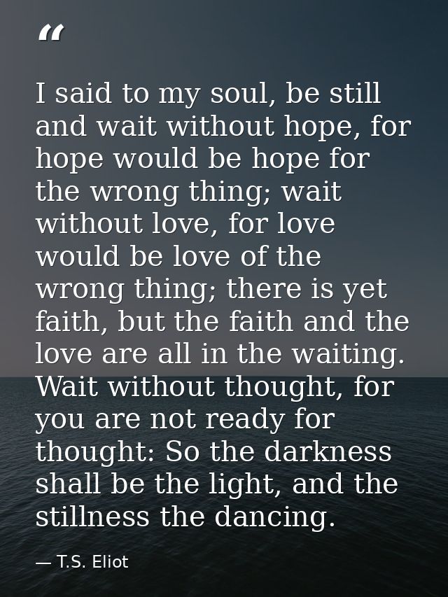 I said to my soul, be still and wait without hope, for hope would be hope for the wrong thing; wait without love, for lo — T.S. Eliot