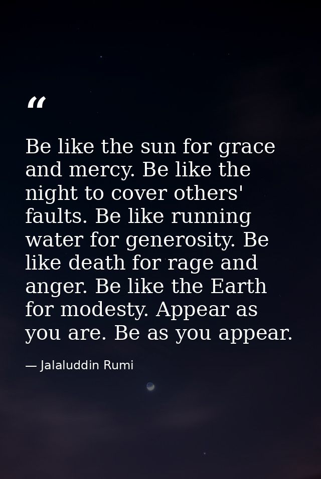 Be like the sun for grace and mercy. Be like the night to cover others' faults. Be like running water for generosity. Be — Jalaluddin Rumi