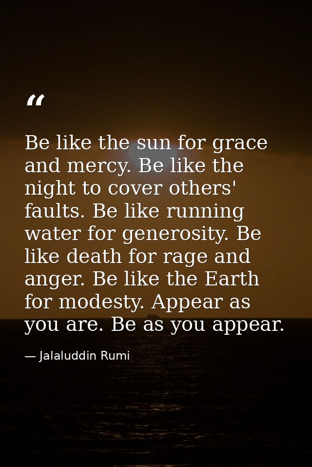 Be like the sun for grace and mercy. Be like the night to cover others' faults. Be like running water for generosity. Be — Jalaluddin Rumi
