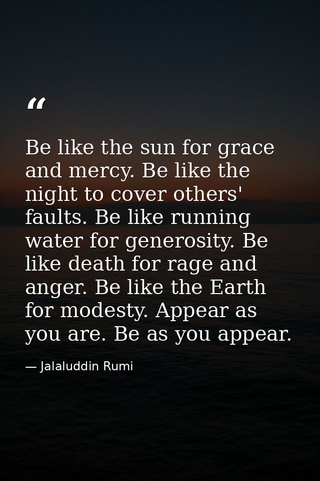 Be like the sun for grace and mercy. Be like the night to cover others' faults. Be like running water for generosity. Be — Jalaluddin Rumi
