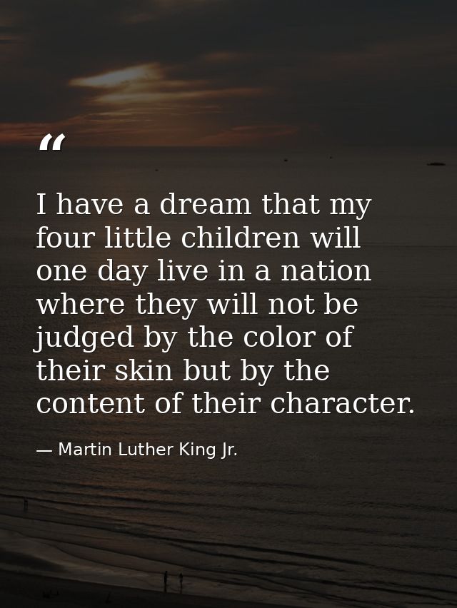 I have a dream that my four little children will one day live in a nation where they will not be judged by the color of  — Martin Luther King Jr.