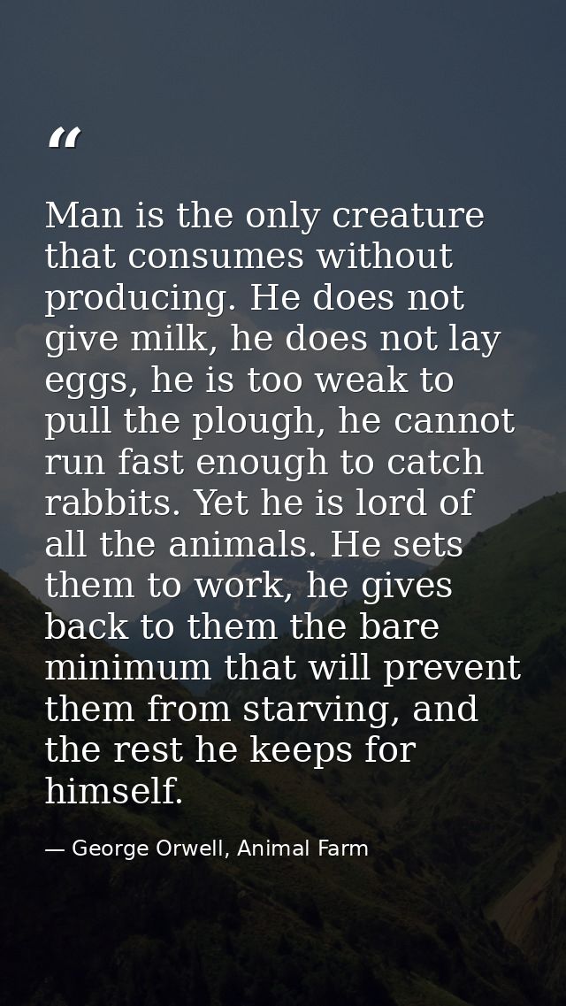 Man is the only creature that consumes without producing. He does not give milk, he does not lay eggs, he is too weak to — George Orwell, Animal Farm