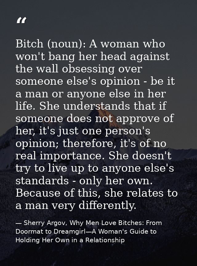 Bitch (noun): A woman who won't bang her head against the wall obsessing over someone else's opinion - be it a man or an — Sherry Argov, Why Men Love Bitches: From Doormat to Dreamgirl—A Woman's Guide to Holding Her Own in a Relationship