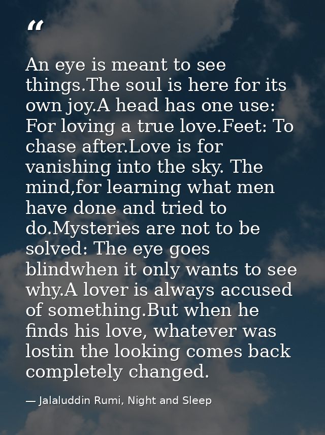 An eye is meant to see things.The soul is here for its own joy.A head has one use: For loving a true love.Feet: To chase — Jalaluddin Rumi, Night and Sleep