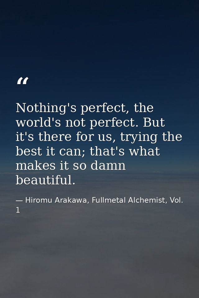 Nothing's perfect, the world's not perfect. But it's there for us, trying the best it can; that's what makes it so damn  — Hiromu Arakawa, Fullmetal Alchemist, Vol. 1