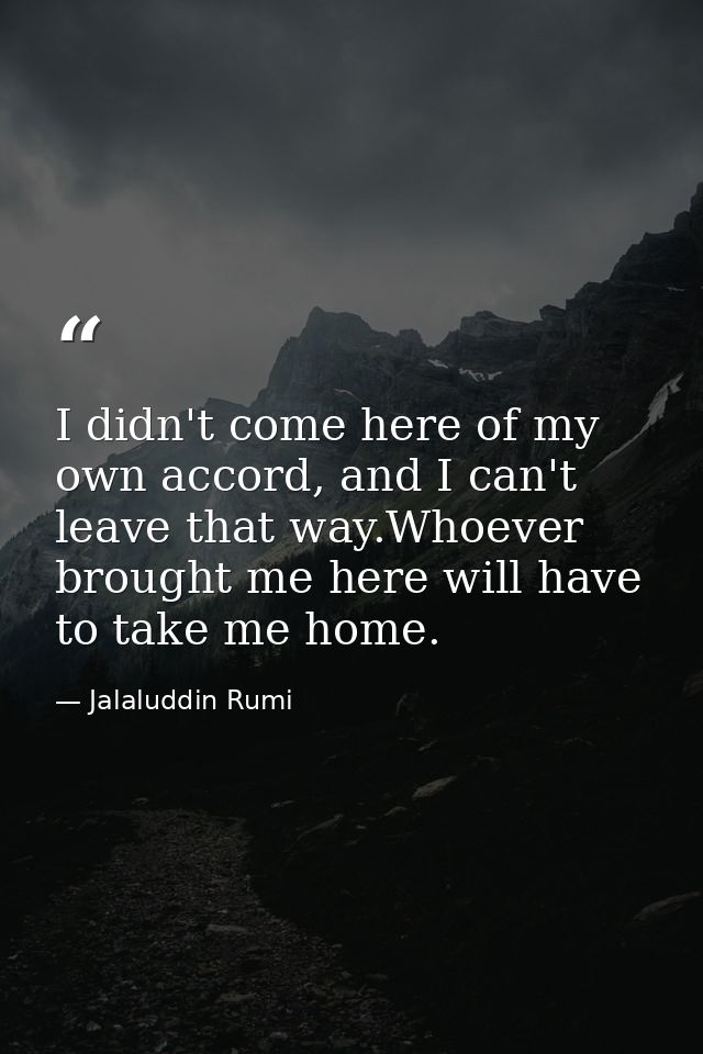 I didn't come here of my own accord, and I can't leave that way.Whoever brought me here will have to take me home. — Jalaluddin Rumi