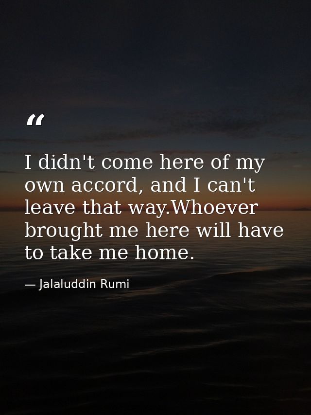 I didn't come here of my own accord, and I can't leave that way.Whoever brought me here will have to take me home. — Jalaluddin Rumi