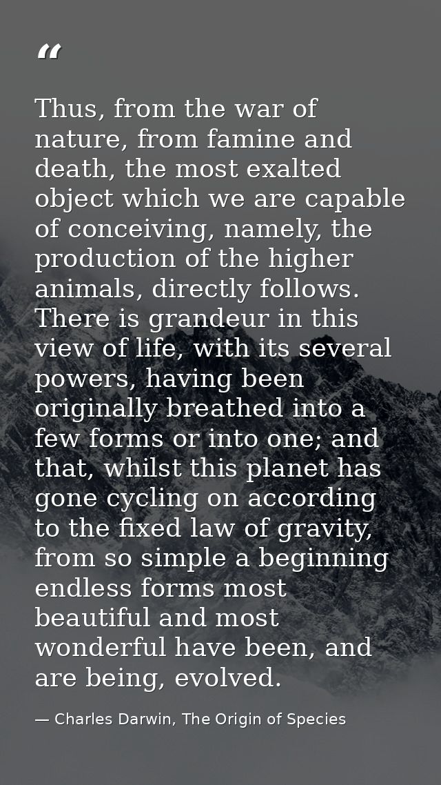 Thus, from the war of nature, from famine and death, the most exalted object which we are capable of conceiving, namely, — Charles Darwin, The Origin of Species