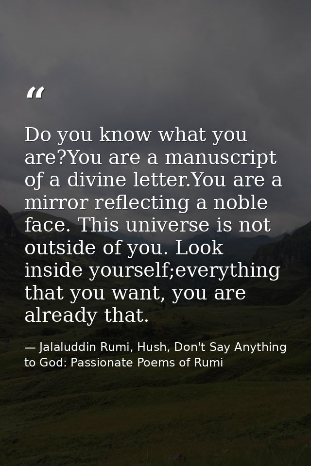 Do you know what you are?You are a manuscript oƒ a divine letter.You are a mirror reflecting a noble face. This universe — Jalaluddin Rumi, Hush, Don't Say Anything to God: Passionate Poems of Rumi