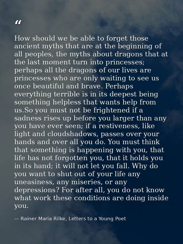 How should we be able to forget those ancient myths that are at the beginning of all peoples, the myths about dragons th — Rainer Maria Rilke, Letters to a Young Poet