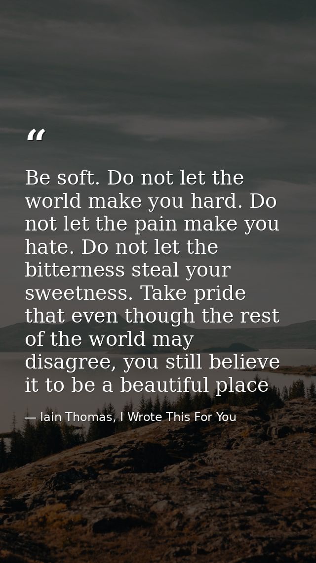 Be soft. Do not let the world make you hard. Do not let the pain make you hate. Do not let the bitterness steal your swe — Iain Thomas, I Wrote This For You
