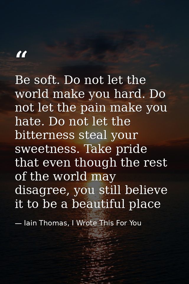 Be soft. Do not let the world make you hard. Do not let the pain make you hate. Do not let the bitterness steal your swe — Iain Thomas, I Wrote This For You