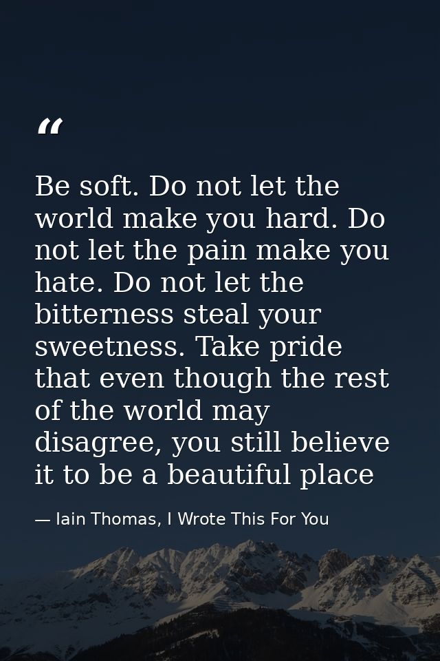 Be soft. Do not let the world make you hard. Do not let the pain make you hate. Do not let the bitterness steal your swe — Iain Thomas, I Wrote This For You