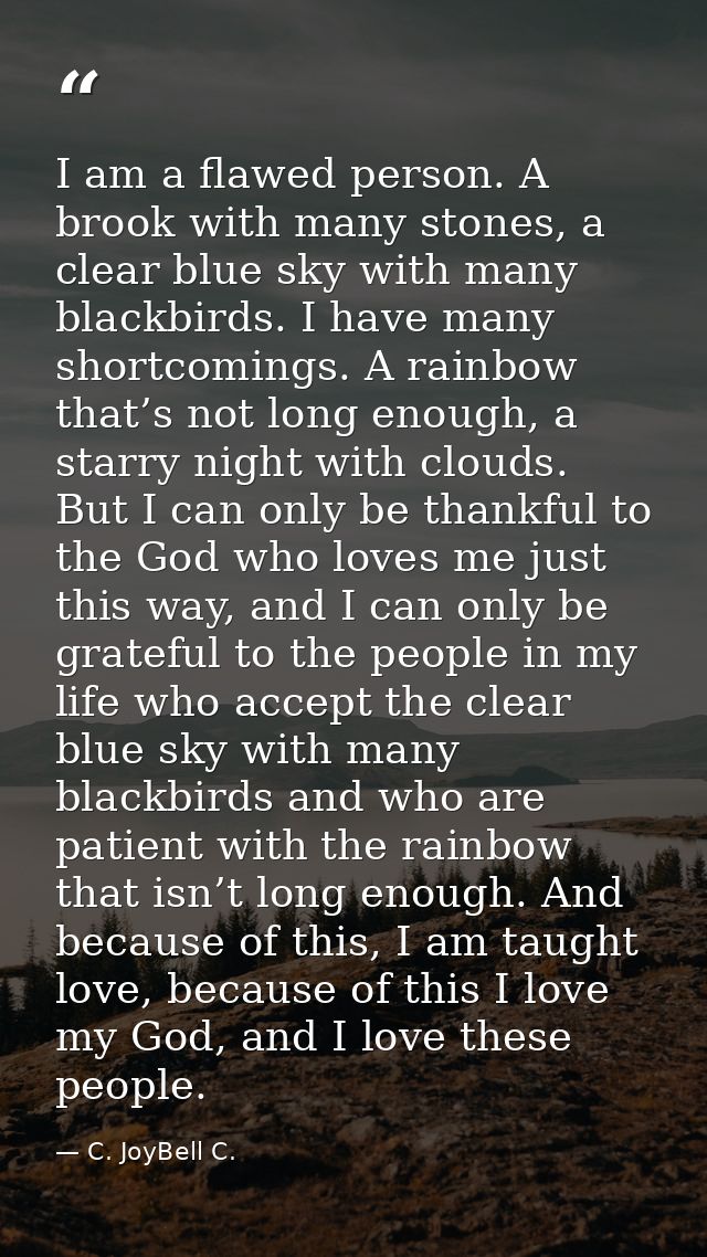 I am a flawed person. A brook with many stones, a clear blue sky with many blackbirds. I have many shortcomings. A rainb — C. JoyBell C.
