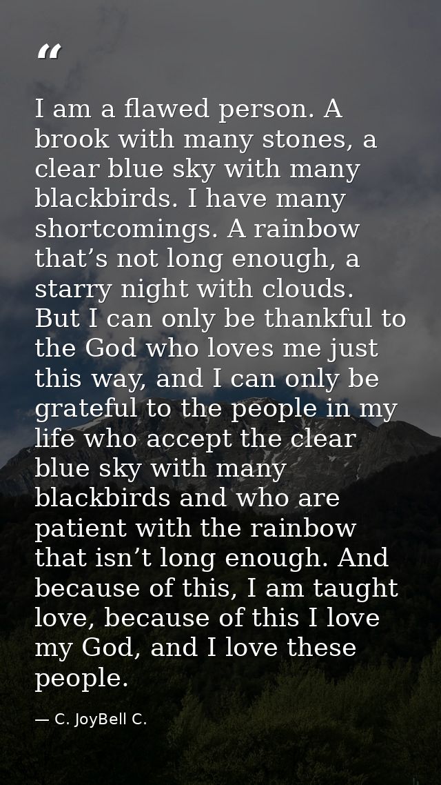I am a flawed person. A brook with many stones, a clear blue sky with many blackbirds. I have many shortcomings. A rainb — C. JoyBell C.