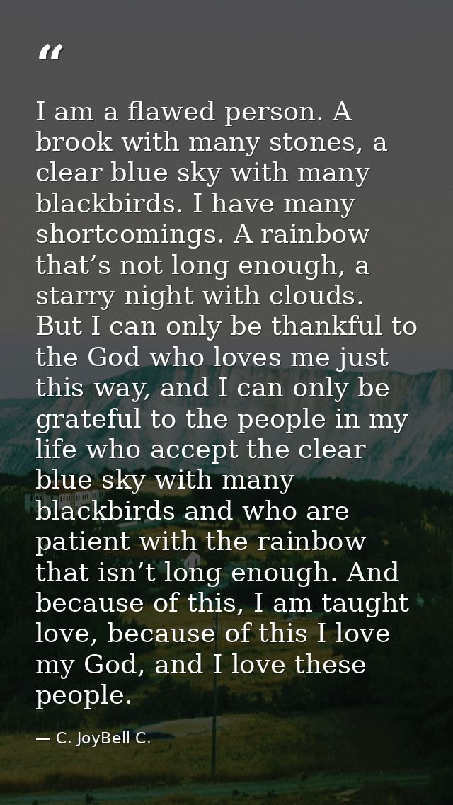 I am a flawed person. A brook with many stones, a clear blue sky with many blackbirds. I have many shortcomings. A rainb — C. JoyBell C.