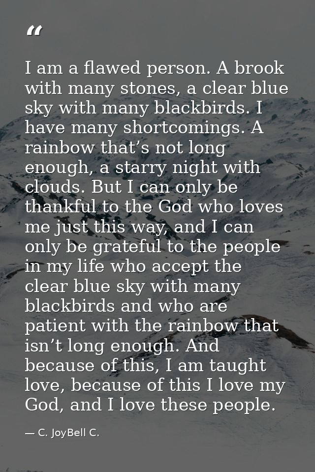 I am a flawed person. A brook with many stones, a clear blue sky with many blackbirds. I have many shortcomings. A rainb — C. JoyBell C.