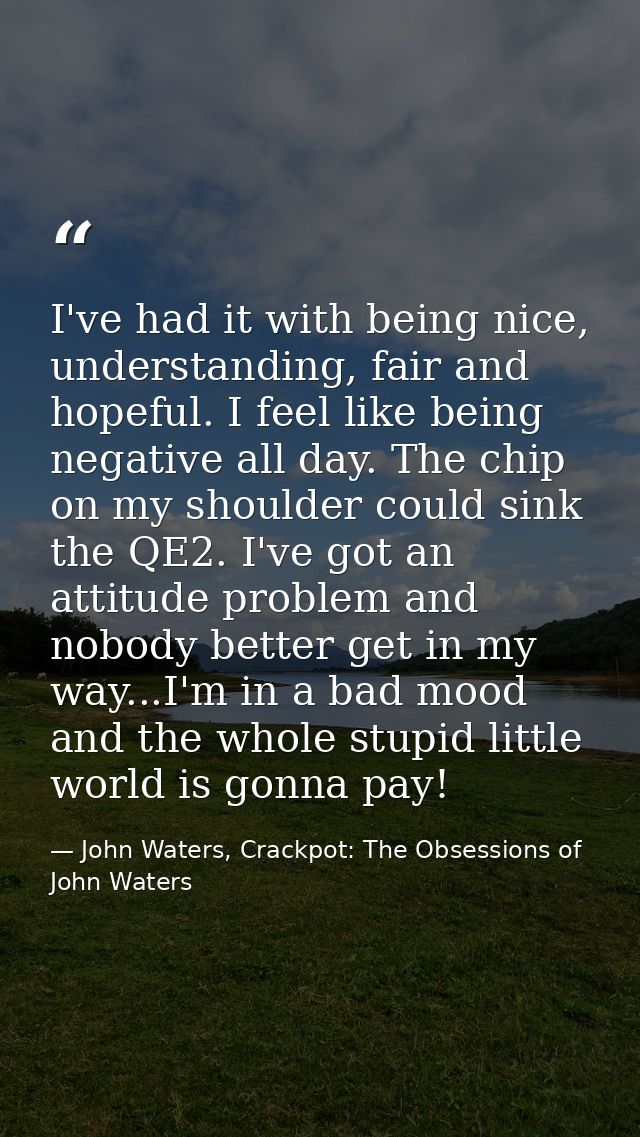I've had it with being nice, understanding, fair and hopeful. I feel like being negative all day. The chip on my shoulde — John Waters, Crackpot: The Obsessions of John Waters