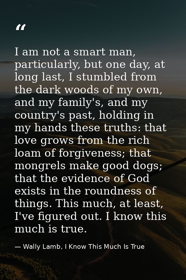 I am not a smart man, particularly, but one day, at long last, I stumbled from the dark woods of my own, and my family's — Wally Lamb, I Know This Much Is True