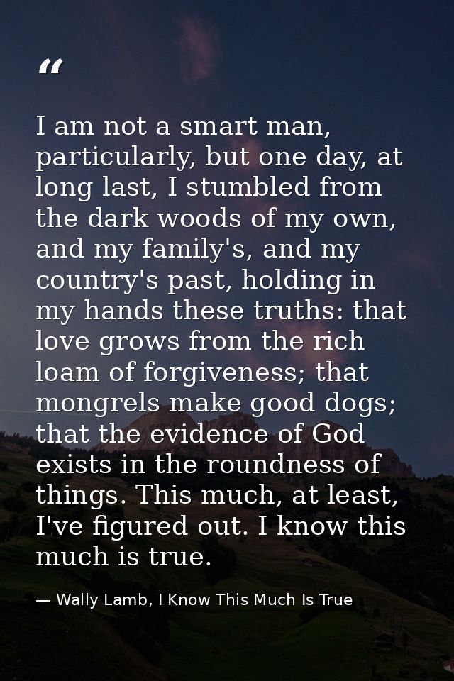 I am not a smart man, particularly, but one day, at long last, I stumbled from the dark woods of my own, and my family's — Wally Lamb, I Know This Much Is True