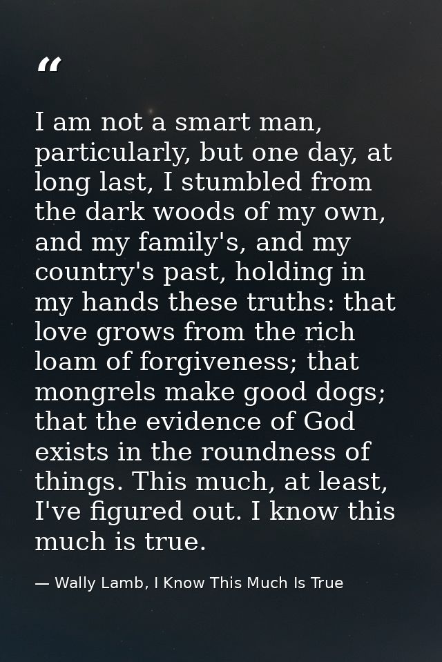 I am not a smart man, particularly, but one day, at long last, I stumbled from the dark woods of my own, and my family's — Wally Lamb, I Know This Much Is True
