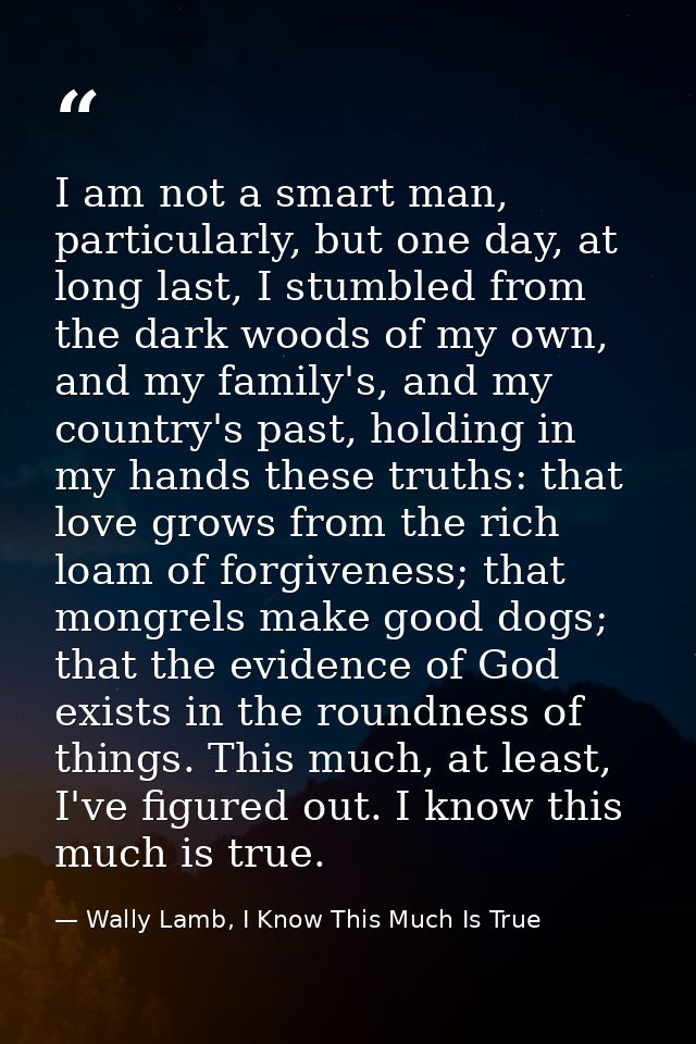 I am not a smart man, particularly, but one day, at long last, I stumbled from the dark woods of my own, and my family's — Wally Lamb, I Know This Much Is True