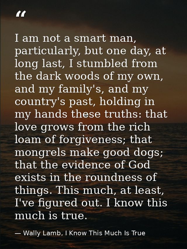 I am not a smart man, particularly, but one day, at long last, I stumbled from the dark woods of my own, and my family's — Wally Lamb, I Know This Much Is True