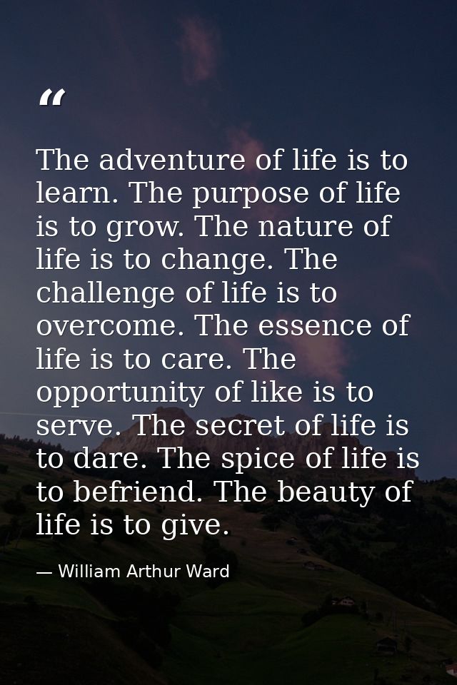 The adventure of life is to learn. The purpose of life is to grow. The nature of life is to change. The challenge of lif — William Arthur Ward
