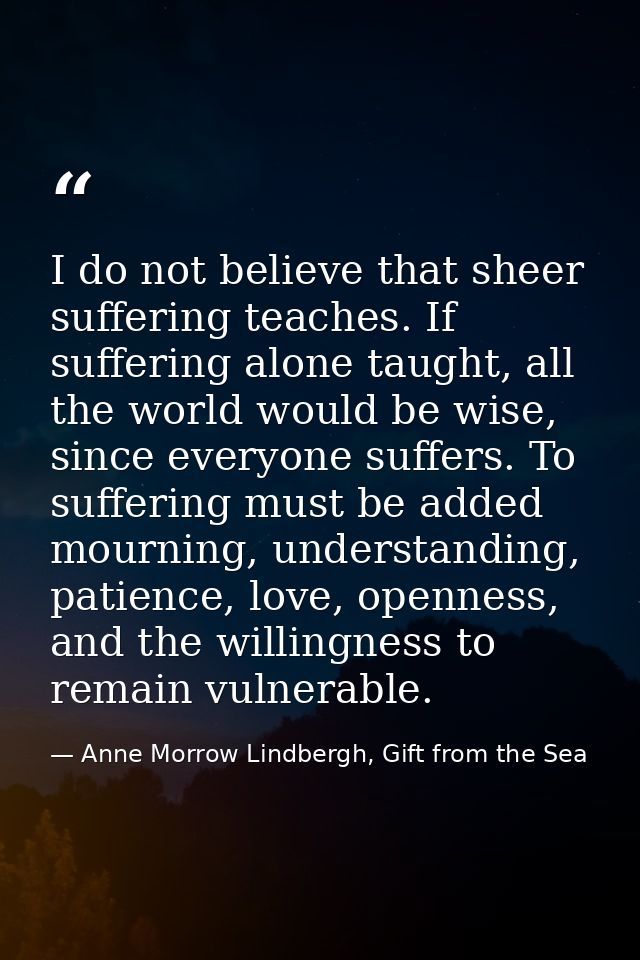I do not believe that sheer suffering teaches. If suffering alone taught, all the world would be wise, since everyone su — Anne Morrow Lindbergh, Gift from the Sea