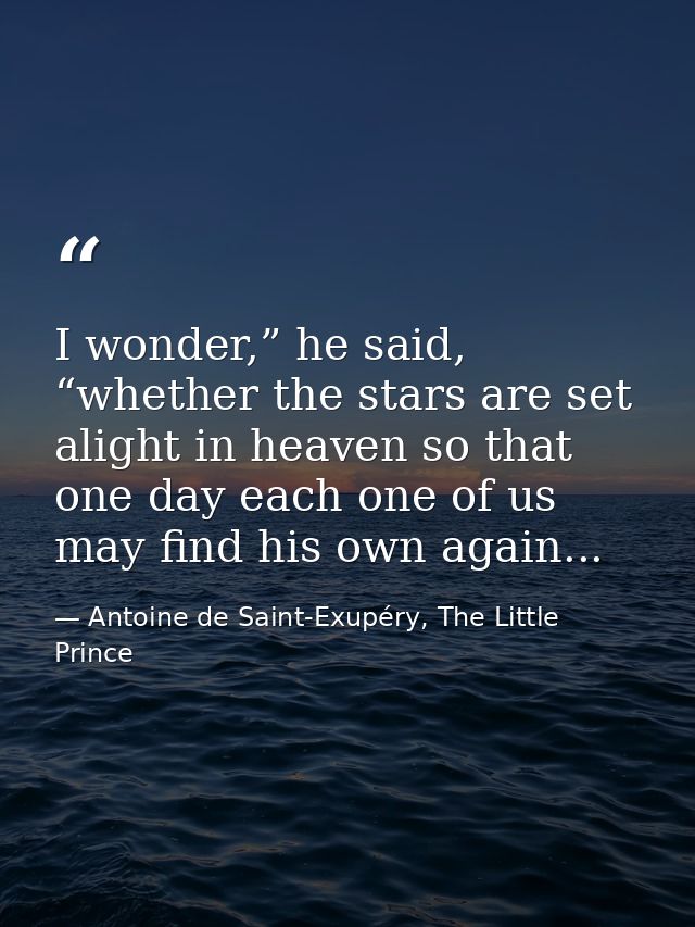 I wonder,” he said, “whether the stars are set alight in heaven so that one day each one of us may find his own again... — Antoine de Saint-Exupéry, The Little Prince