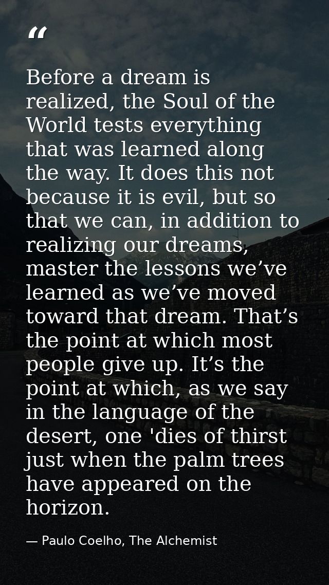 Before a dream is realized, the Soul of the World tests everything that was learned along the way. It does this not beca — Paulo Coelho, The Alchemist