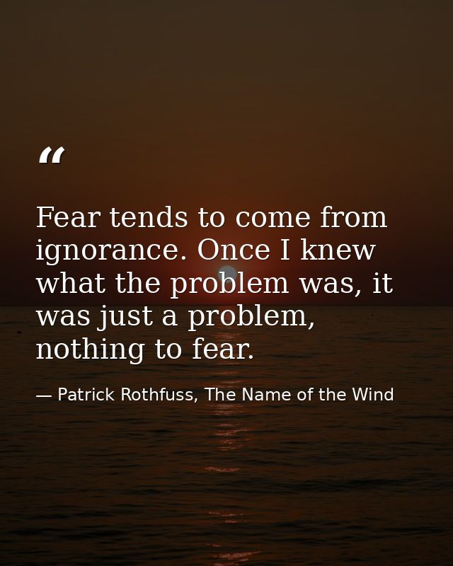 Fear tends to come from ignorance. Once I knew what the problem was, it was just a problem, nothing to fear. — Patrick Rothfuss, The Name of the Wind