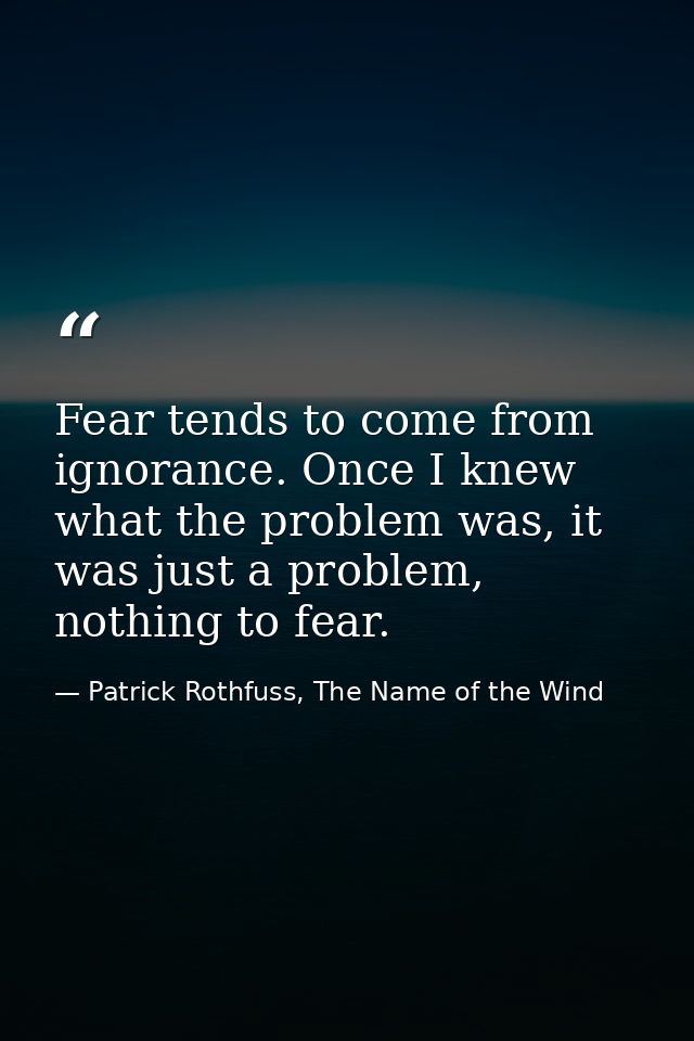 Fear tends to come from ignorance. Once I knew what the problem was, it was just a problem, nothing to fear. — Patrick Rothfuss, The Name of the Wind