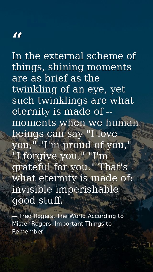 In the external scheme of things, shining moments are as brief as the twinkling of an eye, yet such twinklings are what  — Fred Rogers, The World According to Mister Rogers: Important Things to Remember