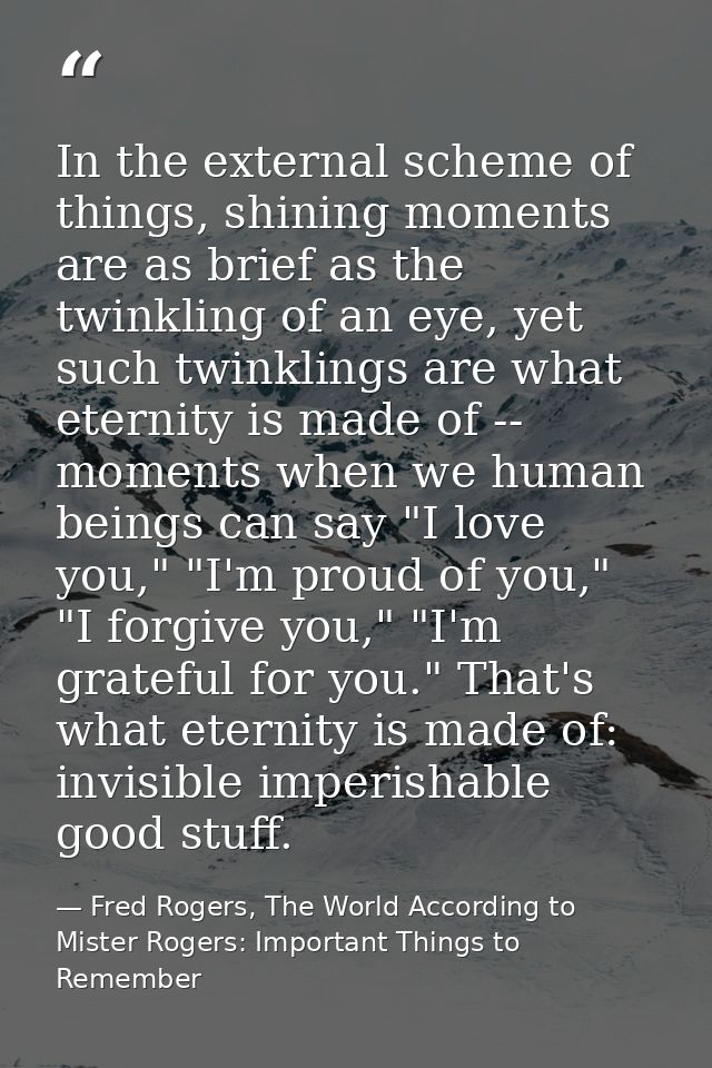 In the external scheme of things, shining moments are as brief as the twinkling of an eye, yet such twinklings are what  — Fred Rogers, The World According to Mister Rogers: Important Things to Remember