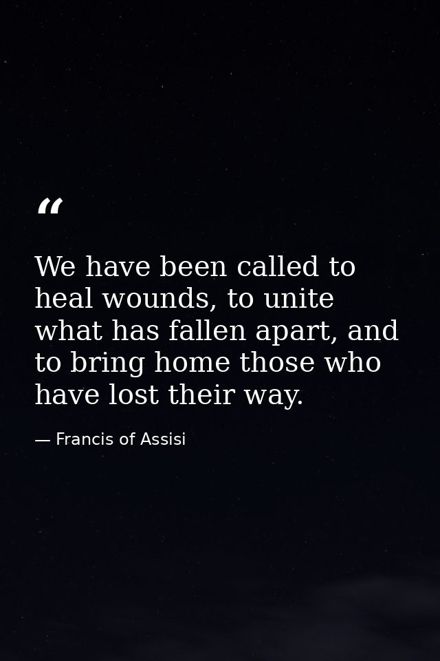 We have been called to heal wounds, to unite what has fallen apart, and to bring home those who have lost their way. — Francis of Assisi