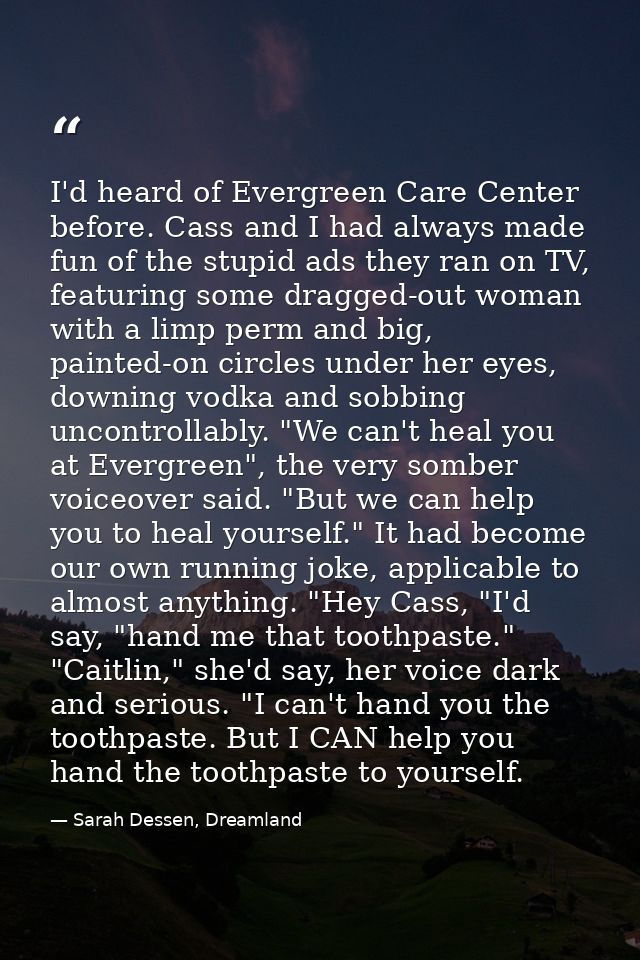 I'd heard of Evergreen Care Center before. Cass and I had always made fun of the stupid ads they ran on TV, featuring so — Sarah Dessen, Dreamland