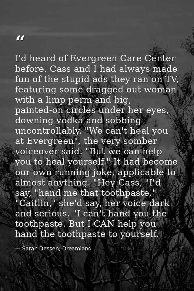 I'd heard of Evergreen Care Center before. Cass and I had always made fun of the stupid ads they ran on TV, featuring so — Sarah Dessen, Dreamland