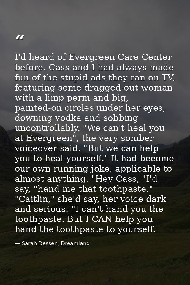 I'd heard of Evergreen Care Center before. Cass and I had always made fun of the stupid ads they ran on TV, featuring so — Sarah Dessen, Dreamland