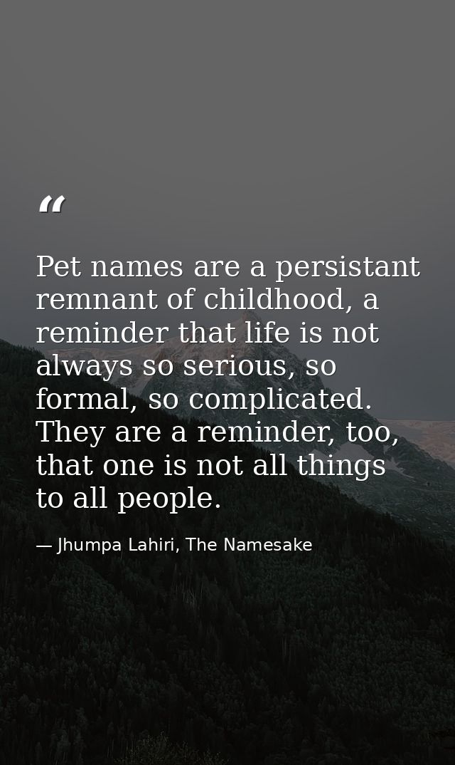 Pet names are a persistant remnant of childhood, a reminder that life is not always so serious, so formal, so complicate — Jhumpa Lahiri, The Namesake