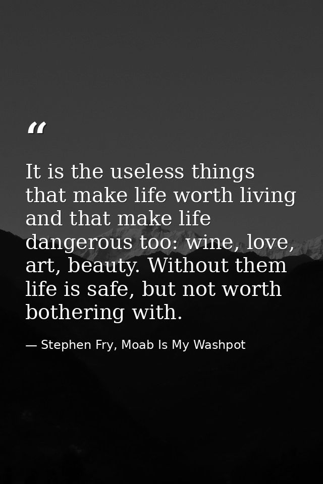 It is the useless things that make life worth living and that make life dangerous too: wine, love, art, beauty. Without  — Stephen Fry, Moab Is My Washpot