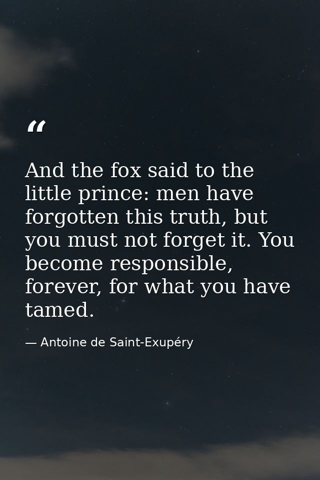 And the fox said to the little prince: men have forgotten this truth, but you must not forget it. You become responsible — Antoine de Saint-Exupéry