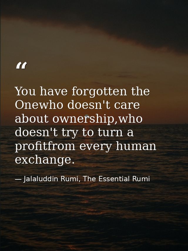 You have forgotten the Onewho doesn't care about ownership,who doesn't try to turn a profitfrom every human exchange. — Jalaluddin Rumi, The Essential Rumi