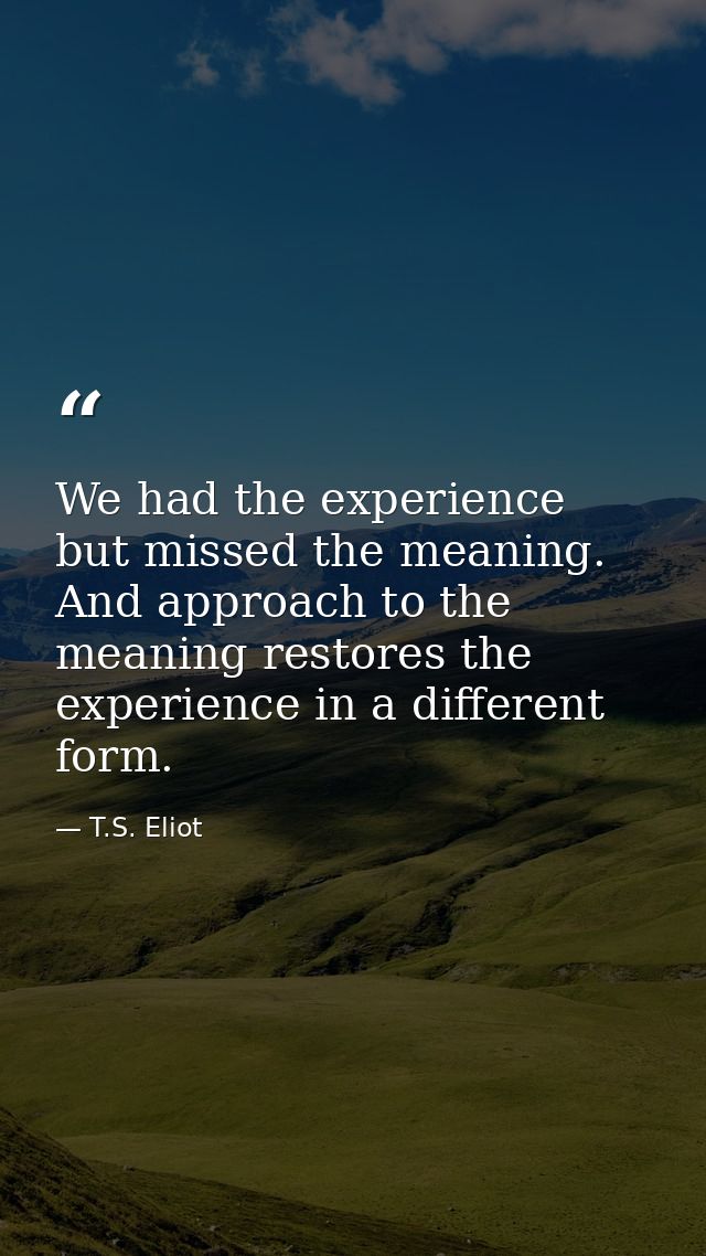 We had the experience but missed the meaning. And approach to the meaning restores the experience in a different form. — T.S. Eliot
