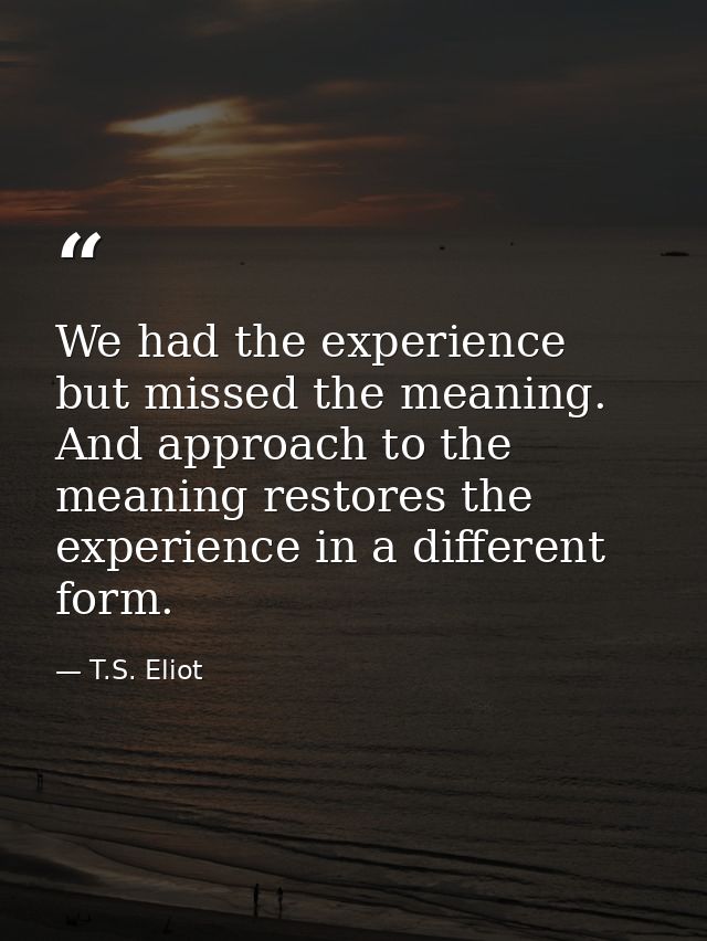 We had the experience but missed the meaning. And approach to the meaning restores the experience in a different form. — T.S. Eliot